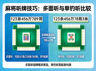 麻将听牌技巧图文示例，展示多面听与单钓听的比较