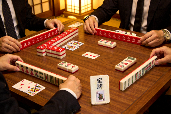 日本立直麻将风格牌局，展示立直棒与宝牌指示牌