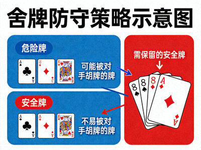 舍牌防守策略示意图，标注危险牌与安全牌的区分
