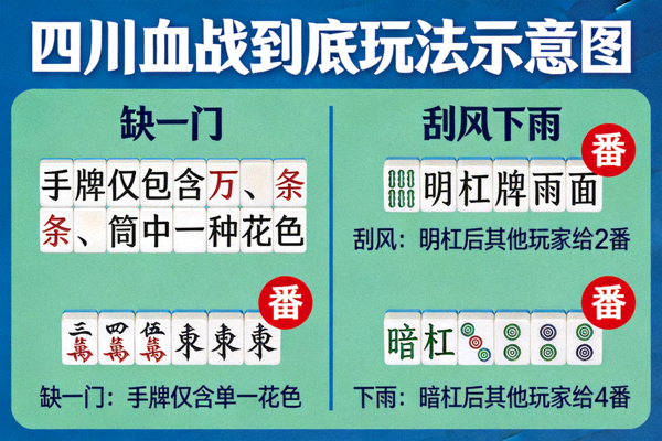 四川血战到底玩法示意图，突出缺一门与刮风下雨的牌型